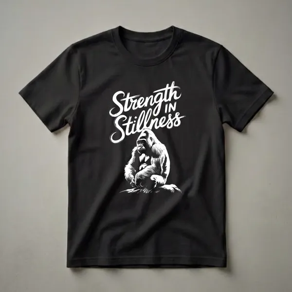 Black t-shirt with a white graphic design of a seated gorilla and the text 'Strength in Stillness' in a brushstroke font.
