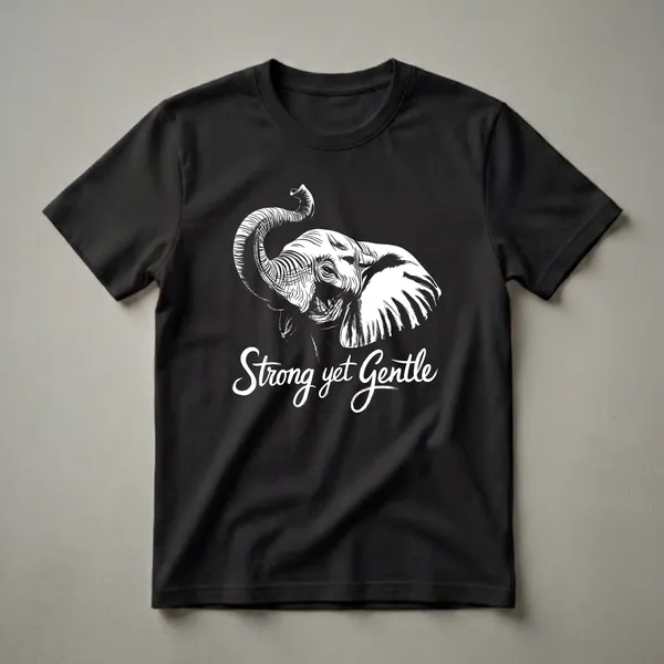 Black and white graphic t-shirt featuring the head of an elephant with its trunk raised and the text 'Strong yet Gentle' in a brush-stroke font.