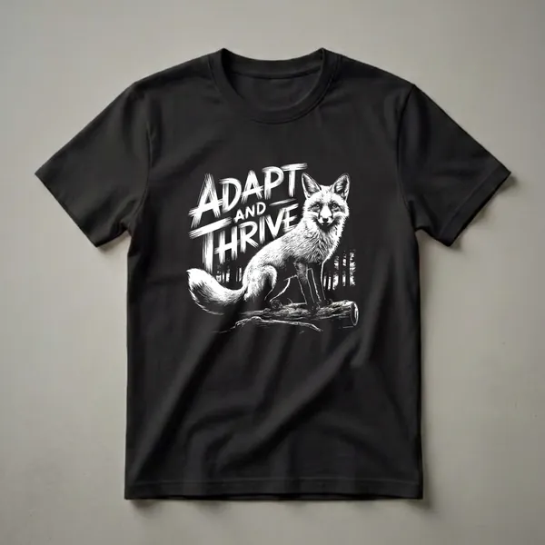 Black t-shirt with a white ink graphic of a red fox sitting on a log in a forest, with the words 'ADAPT AND THRIVE' above it.