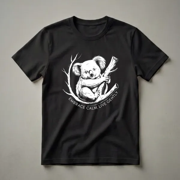Black and white graphic t-shirt featuring a koala clinging to a tree branch with the text 'EMBRACE CALM, LIVE GENTLY' below.