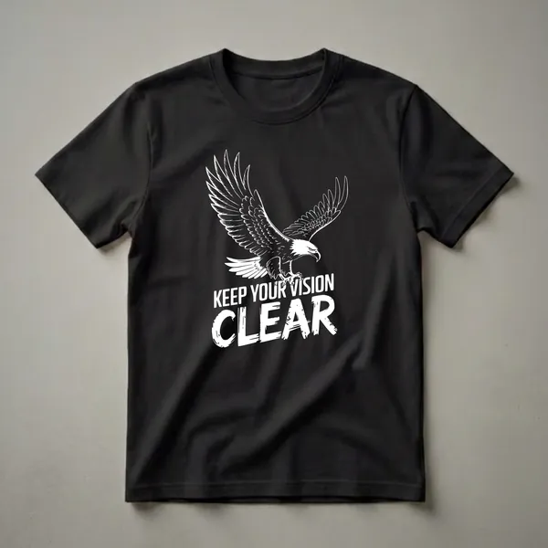 Black t-shirt with a white graphic of a bald eagle in flight, wings spread, above the text 'KEEP YOUR VISION CLEAR' in distressed white lettering.