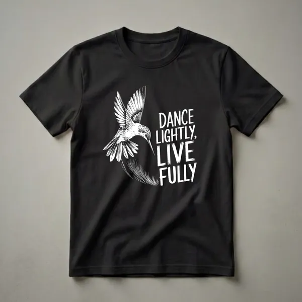 Black t-shirt with a white line drawing of a hummingbird in flight, accompanied by the text "DANCE LIGHTLY, LIVE FULLY" in bold white brushstroke letters.