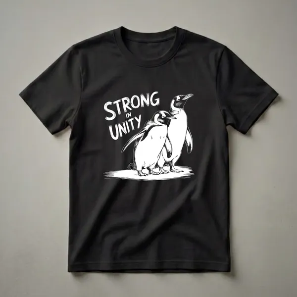 Black t-shirt with a white graphic of two penguins standing together, with the words 'STRONG IN UNITY' in white brush-stroke lettering above them.