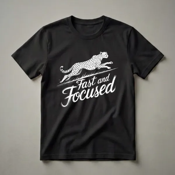 Black t-shirt with a white ink sketch of a cheetah running at full speed, with the words "Fast and Focused" below.