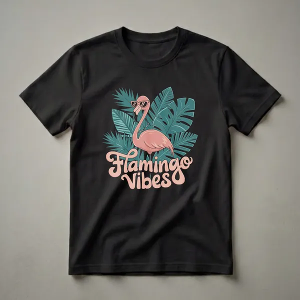Black t-shirt featuring a pink flamingo wearing sunglasses and a beaded necklace, surrounded by dark teal tropical leaves, with the text 'Flamingo Vibes' in pink script below.