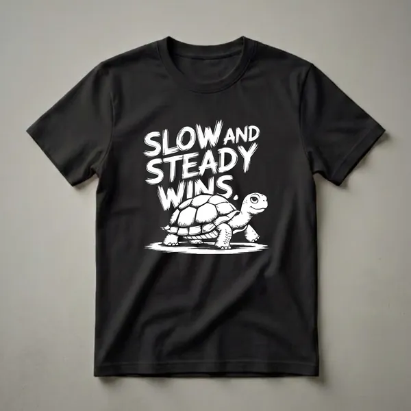 White graphic of a cartoon turtle walking with the text 'SLOW AND STEADY WINS' above it, on a black t-shirt.
