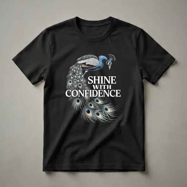 Black t-shirt with a detailed illustration of a peacock in shades of blue and green, perched on a branch with its tail feathers fanned out, and white text that reads "SHINE WITH CONFIDENCE".