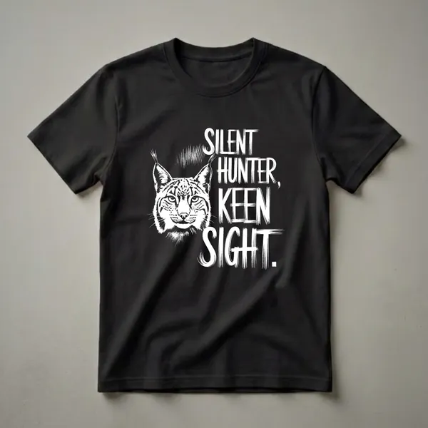 Black t-shirt with a white graphic of a lynx's face and the text 'Silent Hunter, Keen Sight' in a distressed font.