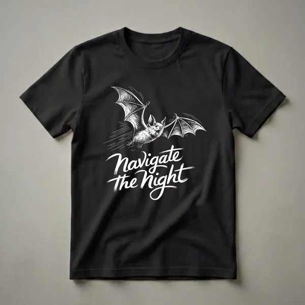 A white ink sketch of a bat in flight with its wings spread wide, mouth open, and the words 'Navigate the Night' below it, printed on a black t-shirt.