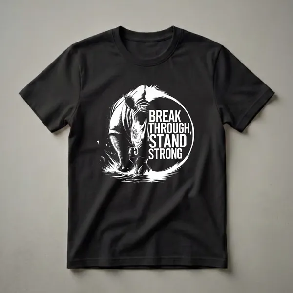 Black t-shirt with a white graphic of a charging rhinoceros and the text 'BREAK THROUGH, STAND STRONG' in bold white lettering, set against a black background with a dynamic swoosh.