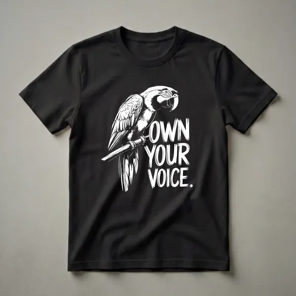 Black t-shirt with a white line art illustration of a blue and gold macaw perched on a branch, with the text 'OWN YOUR VOICE.' in bold white lettering.