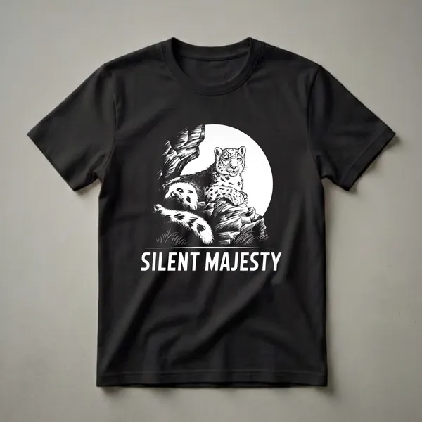 Black and white graphic t-shirt featuring a snow leopard resting on rocks, with the text 'SILENT MAJESTY' below.