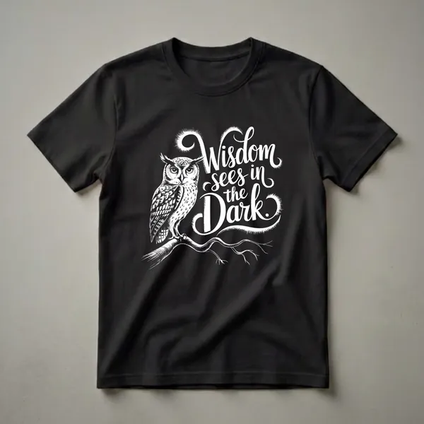 Black t-shirt with a white ink drawing of a Great Horned Owl perched on a branch, with the text 'Wisdom Sees in the Dark' in stylized script.