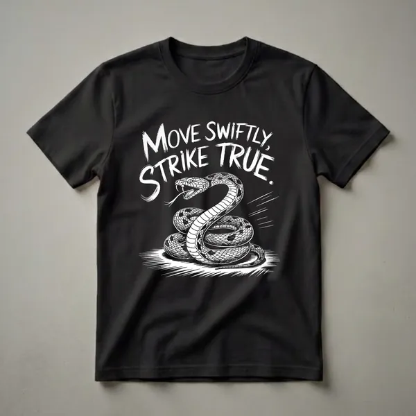 Black t-shirt with a white graphic of a coiled rattlesnake and the text 'Move Swiftly, Strike True'.