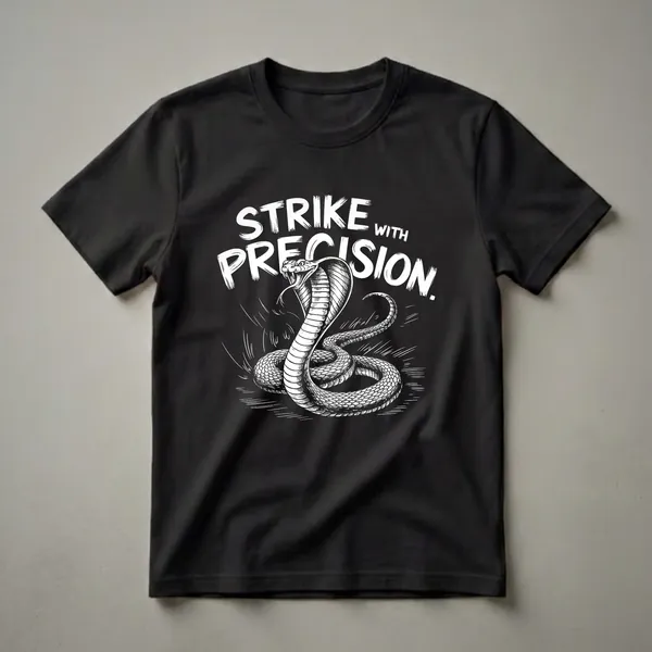 Black t-shirt with a white graphic of a cobra snake in a striking pose with the words 'Strike with Precision' above it.