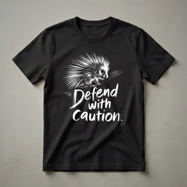 Black t-shirt with a white graphic of a porcupine and the text 'Defend with Caution.'