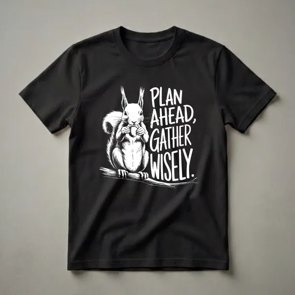 White ink graphic t-shirt featuring a squirrel holding an acorn on a branch, with the text 'PLAN AHEAD, GATHER WISELY.'