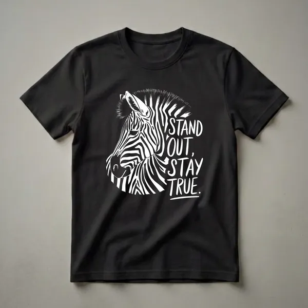 Black and white graphic t-shirt featuring a zebra's head with the text 'Stand Out, Stay True.'