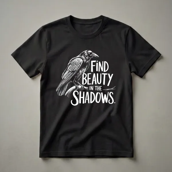 Black graphic t-shirt featuring a white illustration of a crow perched on a branch, with the text 'FIND BEAUTY IN THE SHADOWS' in distressed white lettering.