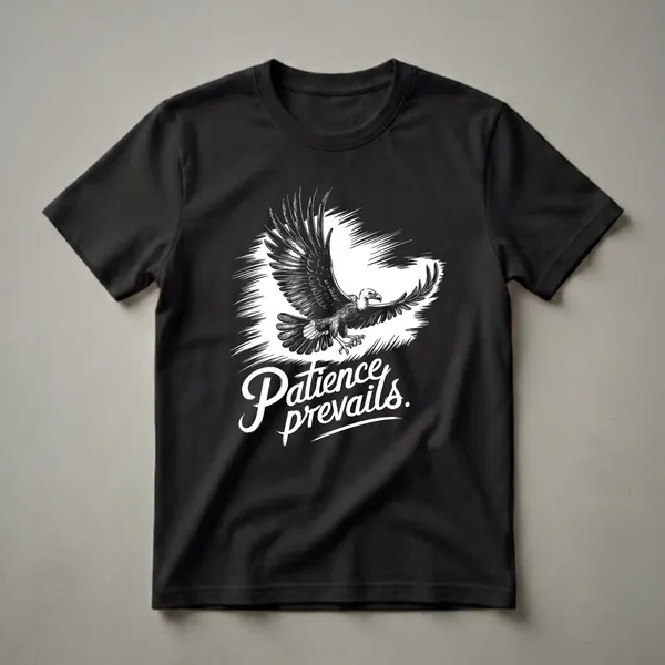 Black and white graphic t-shirt featuring a vulture in flight with outstretched wings and the text 'Patience prevails.'