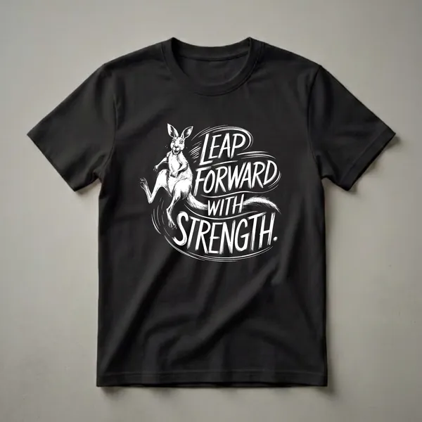 White graphic design on a black t-shirt featuring a kangaroo in a leaping pose with the words 'Leap Forward With Strength' in bold white lettering.