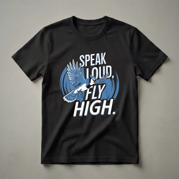 Black t-shirt with a stylized blue jay in flight, wings spread, and bold white text that reads 'SPEAK LOUD, FLY HIGH.'