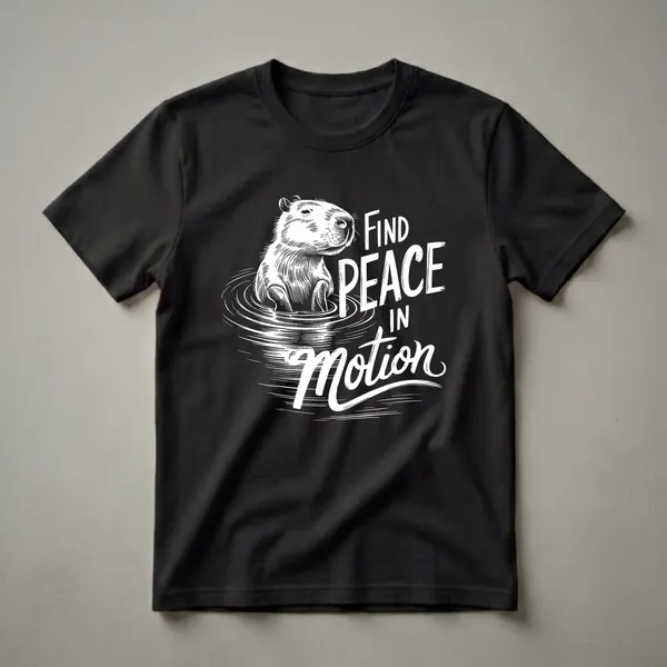 White graphic t-shirt featuring a capybara in water with the text 'FIND PEACE IN Motion' in distressed white lettering.