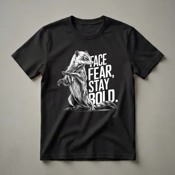 Black t-shirt with a white graphic of a mongoose standing alertly, accompanied by the bold white text 'FACE FEAR, STAY BOLD.'