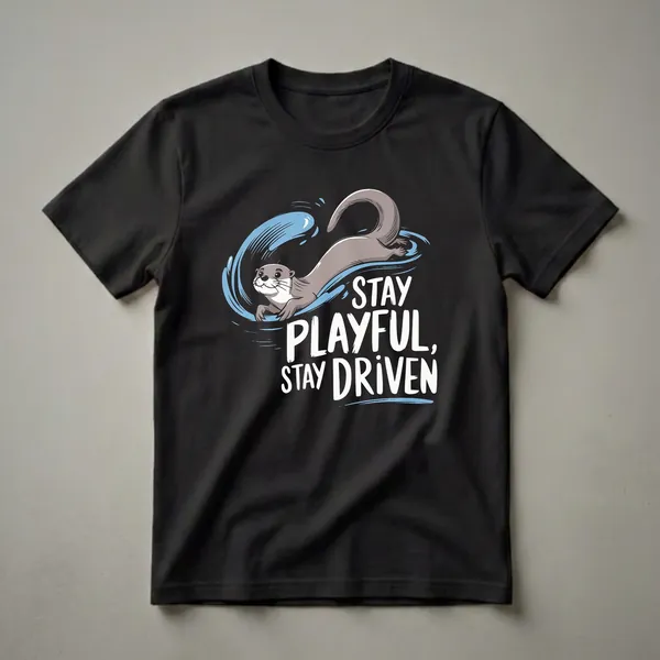 Black t-shirt featuring a cartoon otter swimming through blue water with the motivational phrase 'STAY PLAYFUL, STAY DRIVEN' in white text.