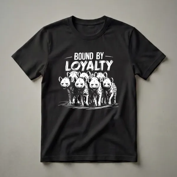 Black t-shirt with a white graphic illustration of a pack of hyenas standing together, with the words 'Bound by Loyalty' printed above them in bold white lettering.