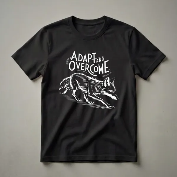 Black t-shirt with a white graphic of a coyote in motion, with the words 'ADAPT AND OVERCOME' above it, symbolizing survival and resilience.