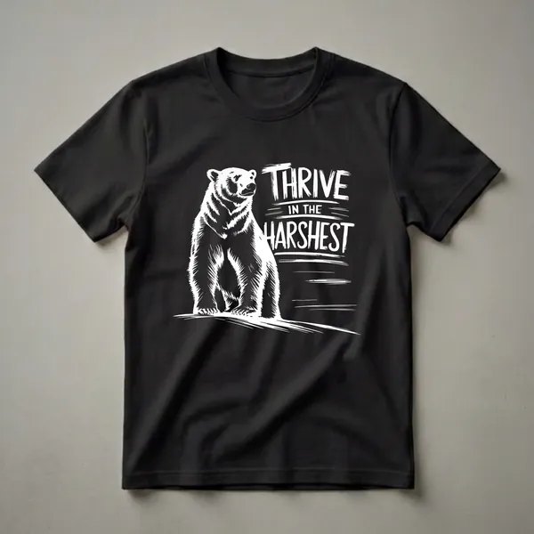 White graphic of a polar bear sitting with the text 'THRIVE IN THE HARSHEST' on a black background, representing strength and resilience.