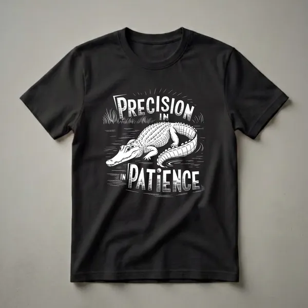 Black t-shirt with a white graphic design of an alligator in water, surrounded by grass and the words "PRECISION IN PATIENCE."