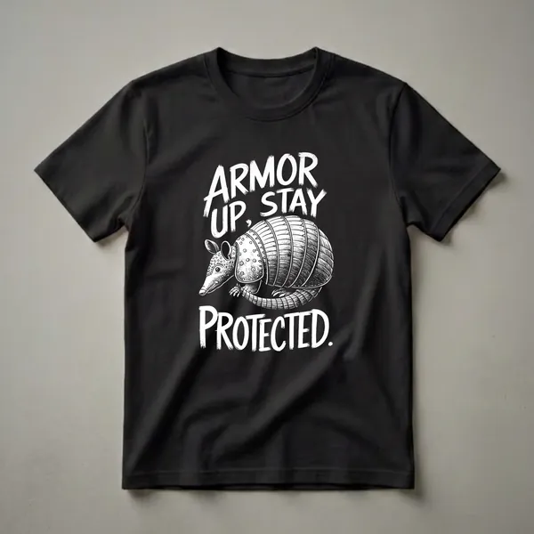 Black t-shirt with a white graphic of an armadillo in the center, with the words 'ARMOR UP, STAY PROTECTED.' above and below the illustration.