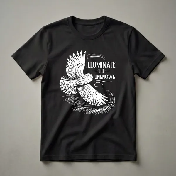 Black t-shirt with a white graphic of a snowy owl in flight, wings spread wide, with the text "ILLUMINATE THE UNKNOWN" and abstract white lines.