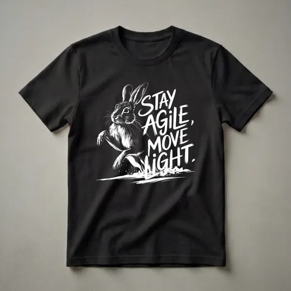 Black t-shirt with a white graphic of a rabbit in mid-leap next to the words 'STAY AGILE, MOVE LIGHT' in a brushstroke font.