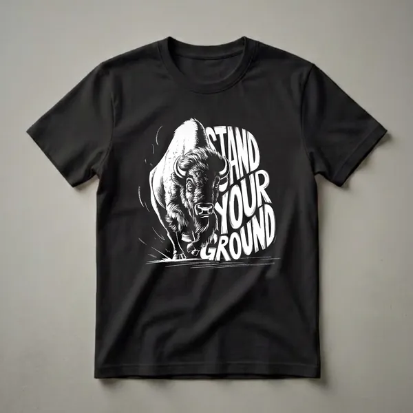 Black graphic t-shirt featuring a white illustration of a charging American Bison with bold white text that reads "STAND YOUR GROUND".