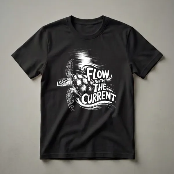 Black t-shirt with a white graphic of a sea turtle swimming left, with the words 'Flow with the Current' in stylized white lettering and abstract white brushstrokes suggesting water movement.