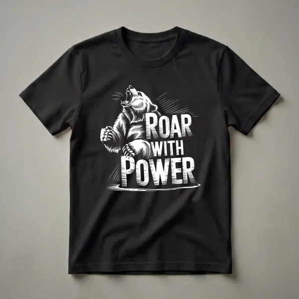 Black t-shirt with a white graphic of a roaring grizzly bear and the words 'ROAR WITH POWER' in distressed white lettering.