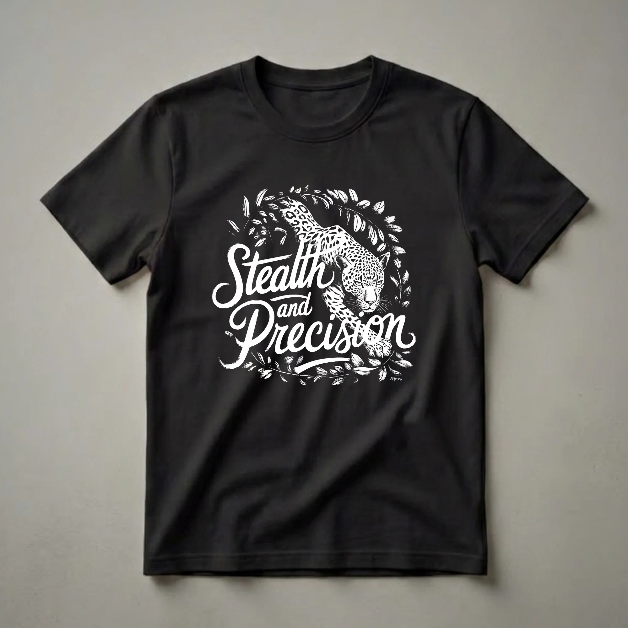 Black and white graphic t-shirt featuring a leopard with spotted fur, surrounded by leaves, with the words 'Stealth and Precision' in white script.