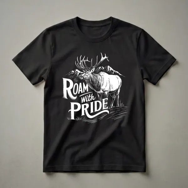Black t-shirt with a white graphic of a bull elk with large antlers, mountains in the background, and the words 'Roam with Pride'.