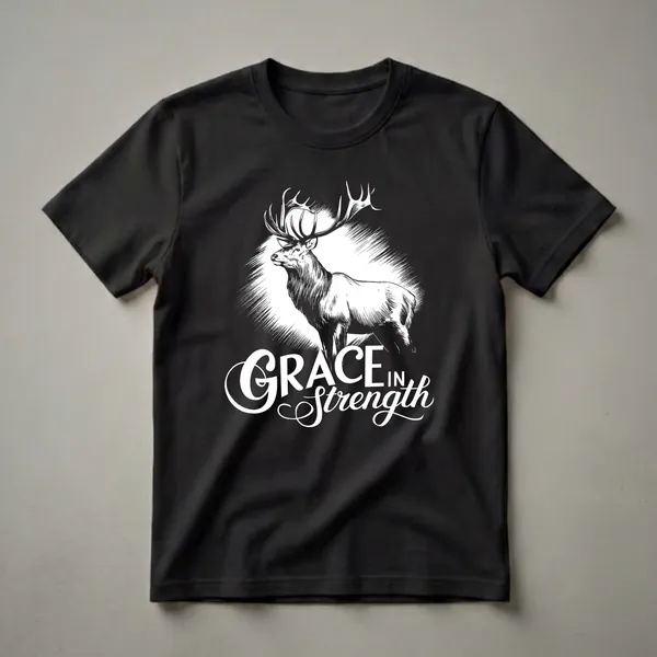 Black graphic t-shirt featuring a white illustration of a stag with large antlers and the text 'Grace in Strength' below, set against a textured background.