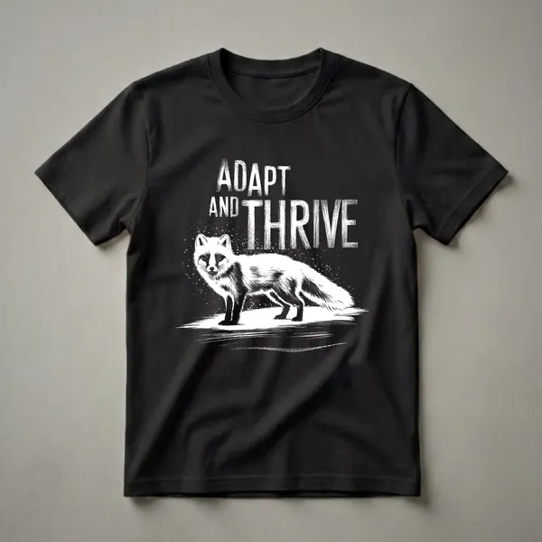 Black t-shirt with a white distressed graphic of an arctic fox standing and the words 'ADAPT AND THRIVE' above it, set against a speckled background.