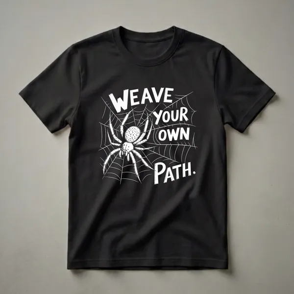 Black t-shirt with a white graphic of a wolf spider on a web, with the text "Weave Your Own Path."