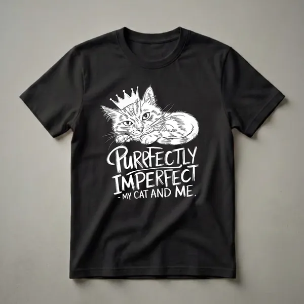 Black t-shirt with a white sketch of a cat wearing a crown and the text 'Purrfectly Imperfect - My Cat and Me.'