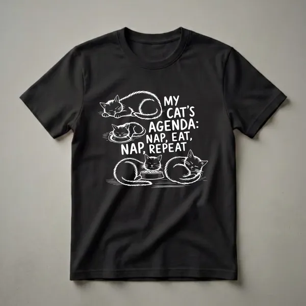 Black t-shirt with white line art depicting four cats, three sleeping and one eating, with the text 'My Cat's Agenda: Nap, Eat, Nap Repeat'.