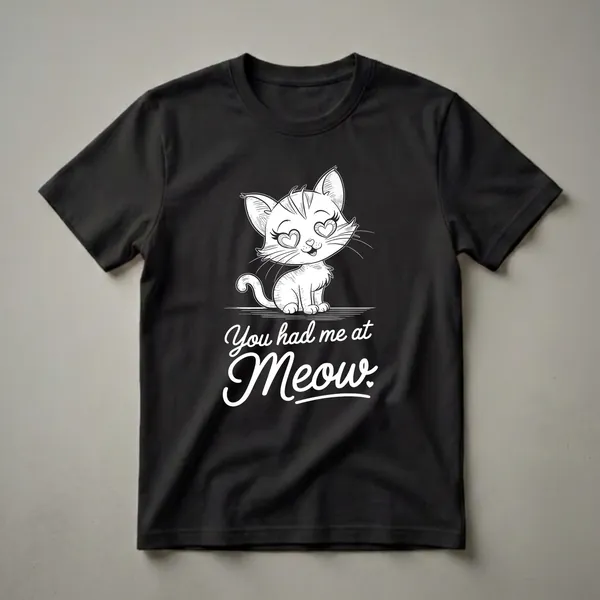 Black graphic t-shirt featuring a white sketch of a cute cat with heart-shaped eyes and the text 'You had me at Meow.'