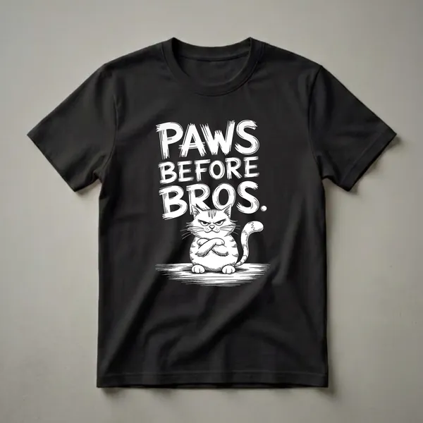 Black t-shirt with a white graphic of a grumpy cartoon cat with crossed arms and the text 'Paws Before Bros' above it.