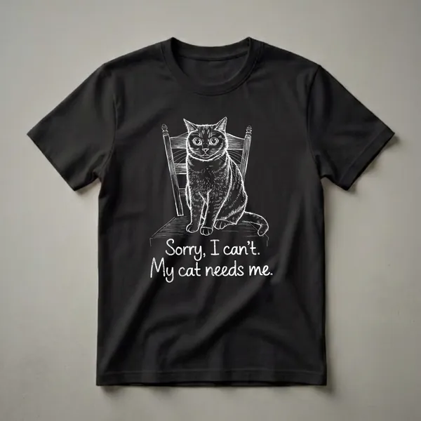 Black t-shirt with a white line drawing of a tabby cat sitting on a wooden chair, with the text 'Sorry, I can't. My cat needs me.' below the image.