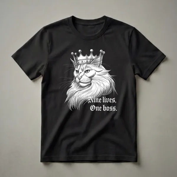 Black and white graphic t-shirt featuring the head of a cat wearing a crown, with the text 'Nine lives, One boss.'